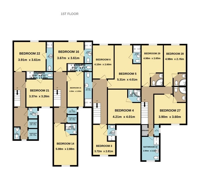 5-8 Royal Terrace, Northampton - 1st floor plan showing bedrooms 3, 4, 5, 6, 14, 15, 16, 21, 22, 27, 28, 29