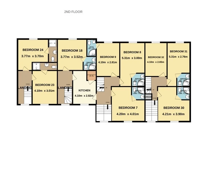 5-8 Royal Terrace, Northampton - 2nd floor plan showing bedrooms 7, 8, 9, 18, 23, 24, 30, 31, 32