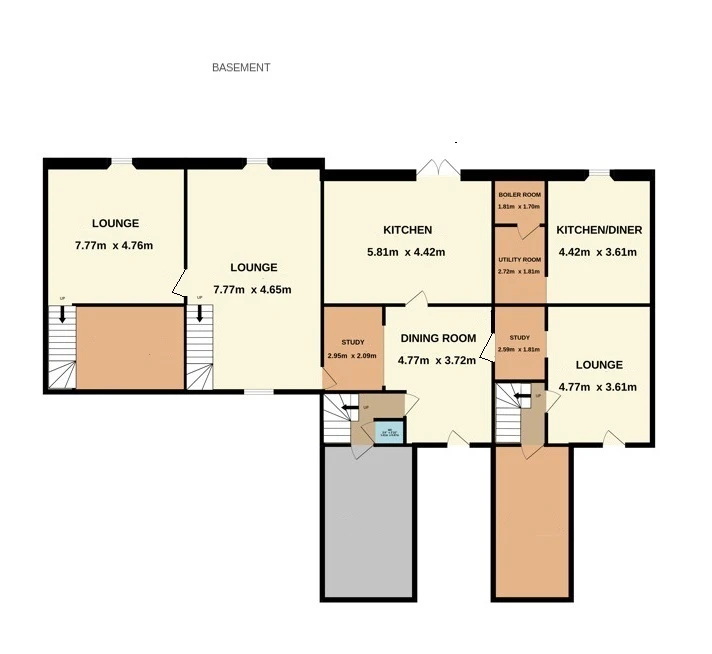 5-8 Royal Terrace, Northampton - basement floor plan showing communal lounges, kitchen, dining room, study, and utility spaces