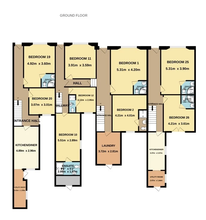 5-8 Royal Terrace, Northampton - ground floor plan showing bedrooms 1, 2, 10, 11, 12, 19, 20, 25, 26